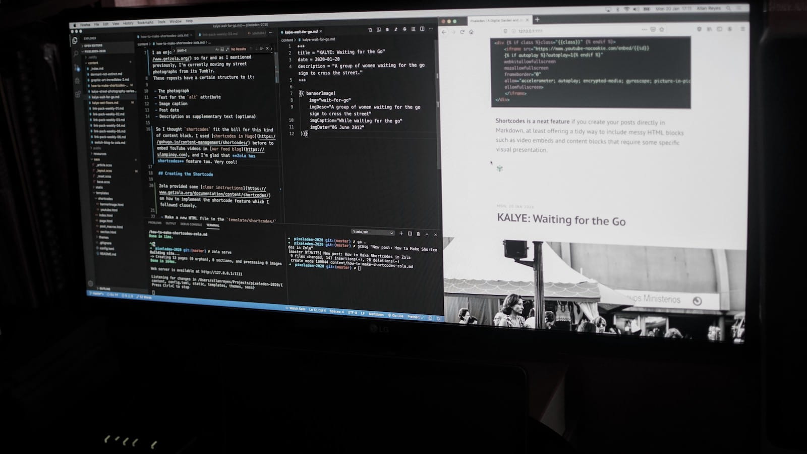 Photo of a computer monitor showing a browser and code editor