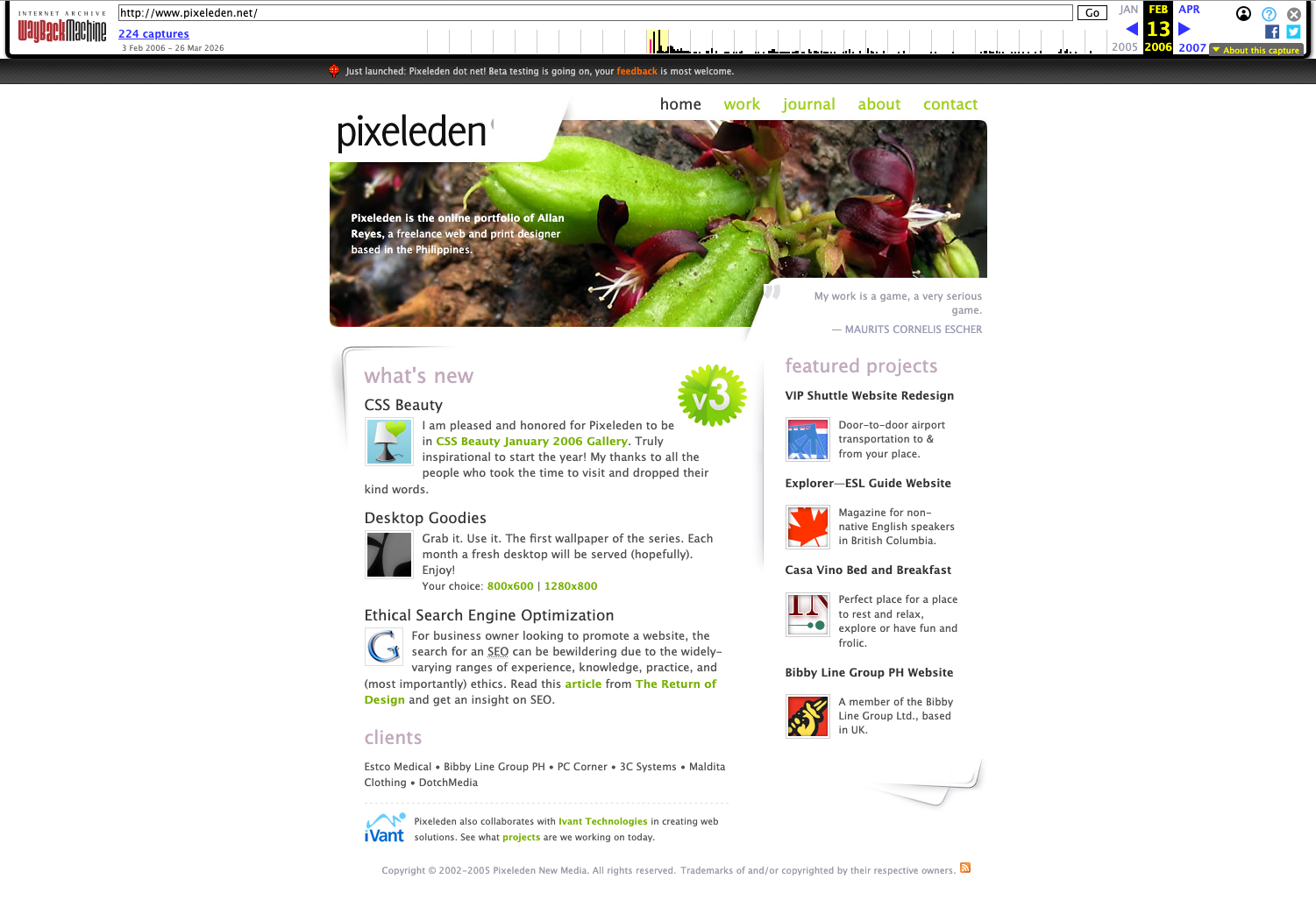 Pixeleden website as it appeared in February 2006